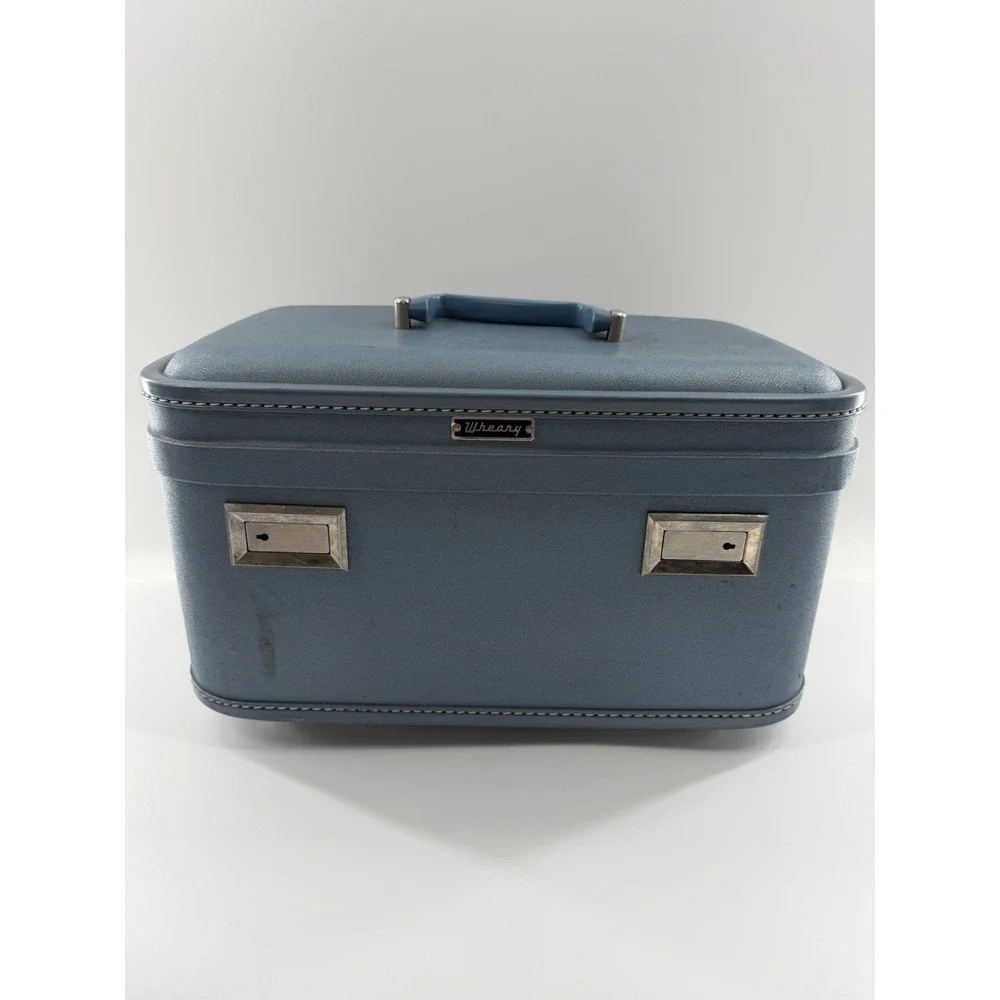 Vintage Wheary Train Case Travel Cosmetic Hard Luggage Suitcase Blue Retro